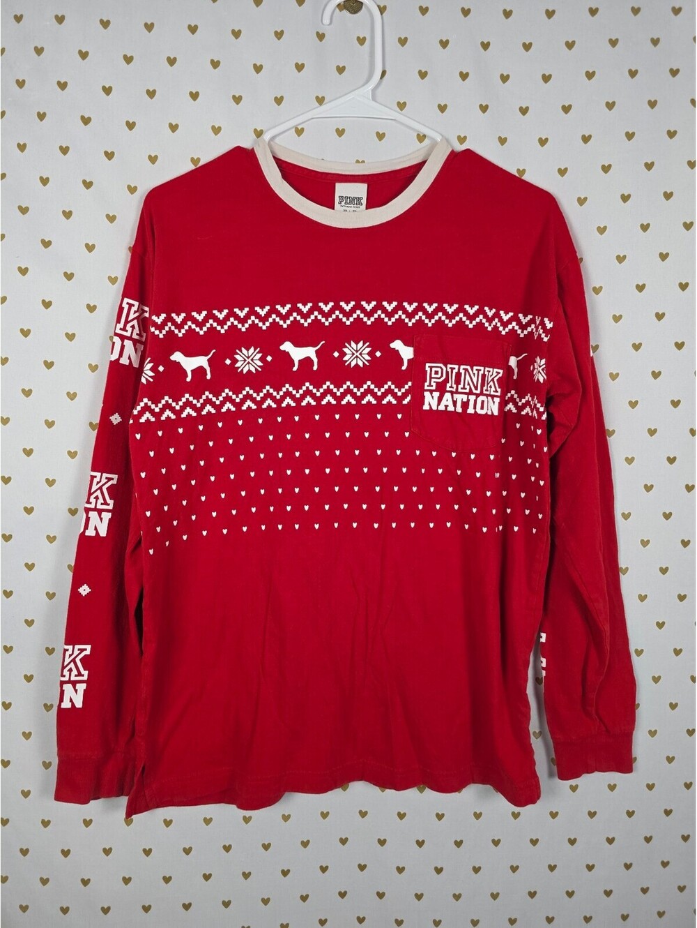 Victorias Secret PINK Nation Campus winter Pocket Tee long sleeve Red XS